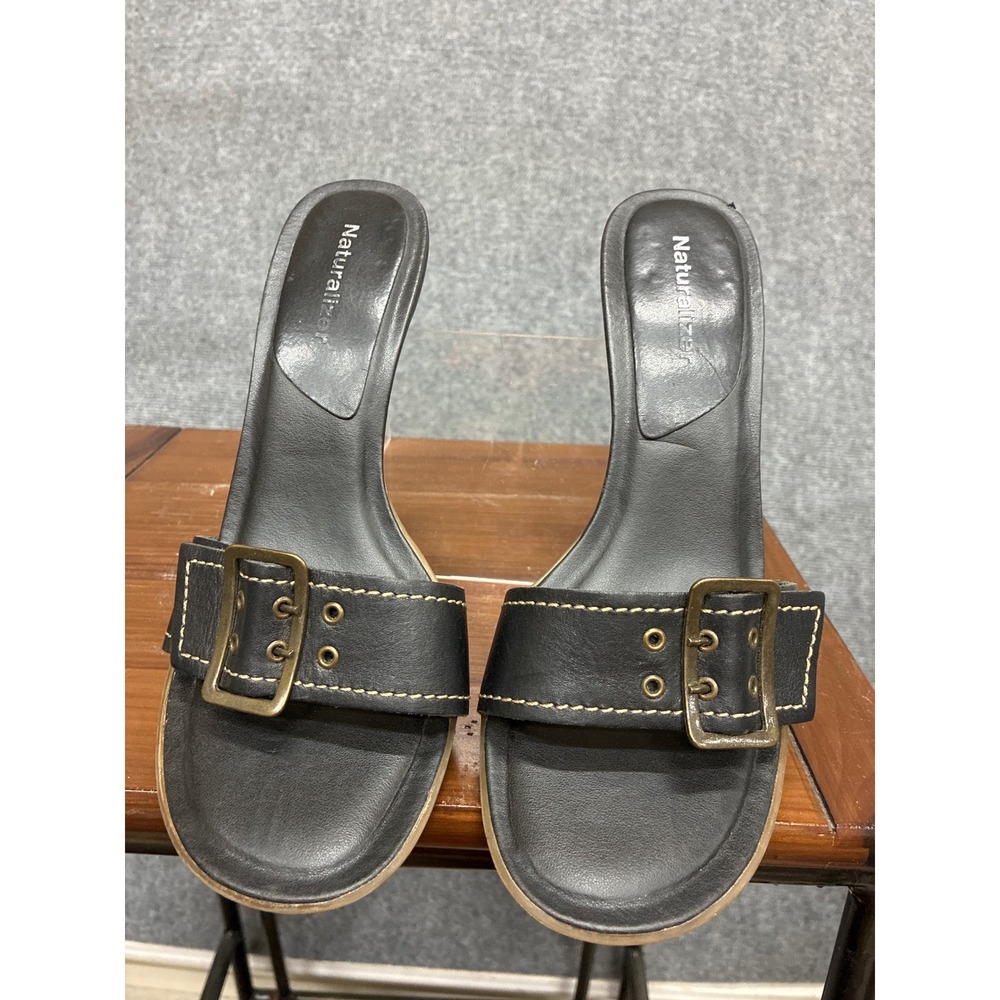 Naturalizer Womens Black Leather Buckle Slide Sandals Wood Stacked Heel Mules